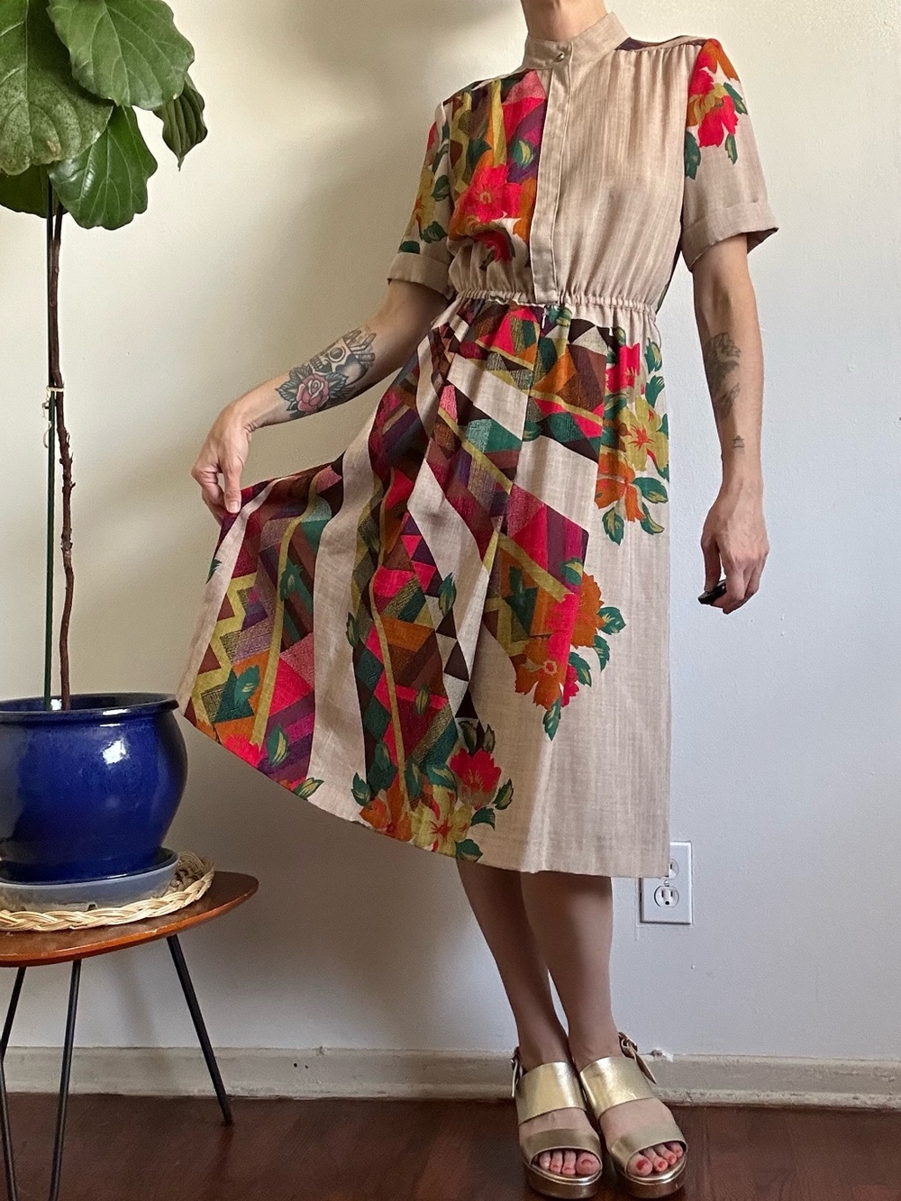 Vintage Colorful Geometric Shirt Dress - Picture 2 of 8